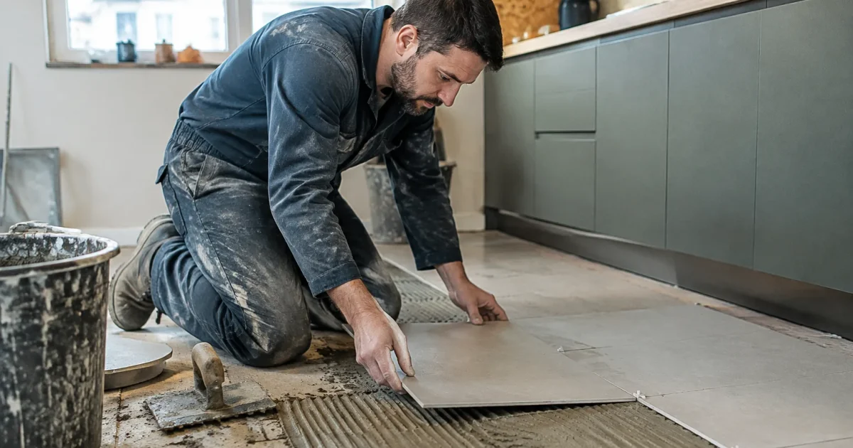 Artisan en combinaison posant du carrelage dans une cuisine