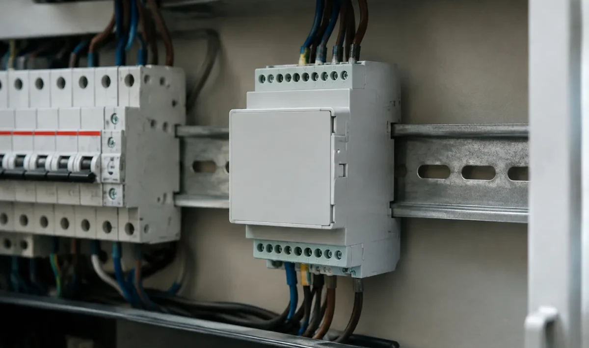 Boitier gris sur rail din dans tableau electrique