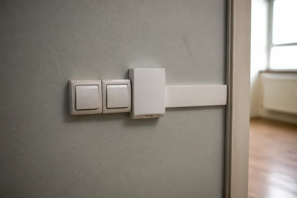 Boutons poussoirs muraux et module blanc sur rail