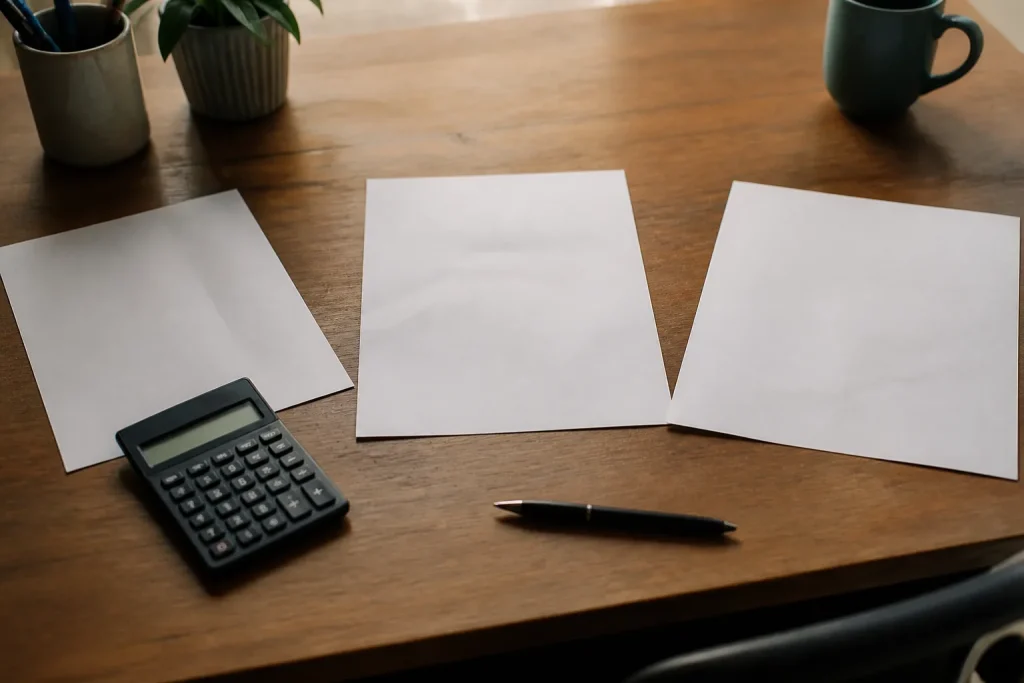 Bureau avec trois feuilles imprimees, stylo et calculatrice
