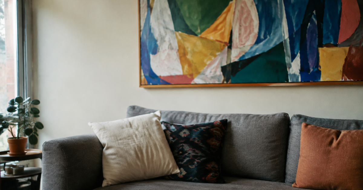 Canape gris sous un grand tableau colore