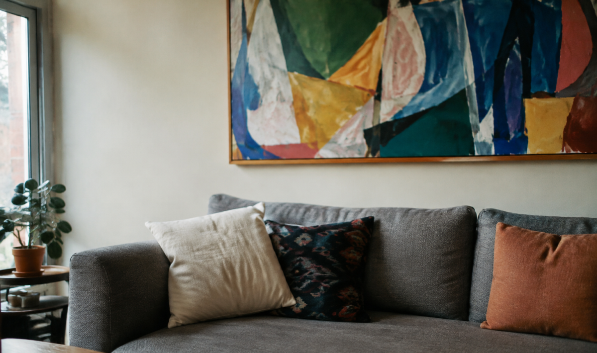 Canape gris sous un grand tableau colore