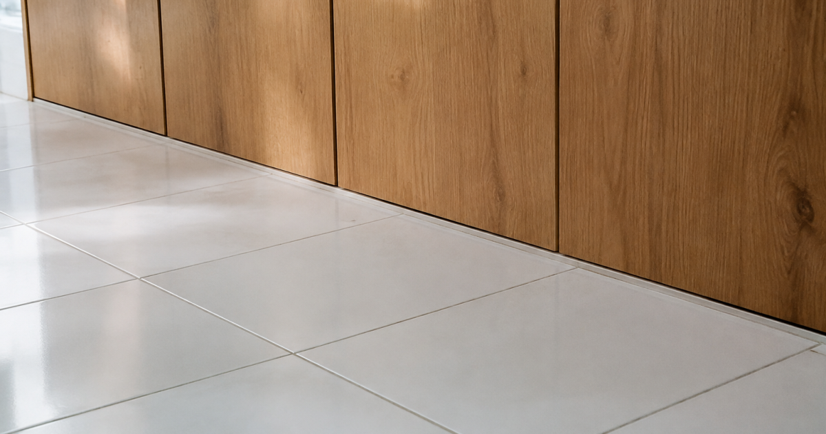 Carreaux blancs au sol devant un plan en bois