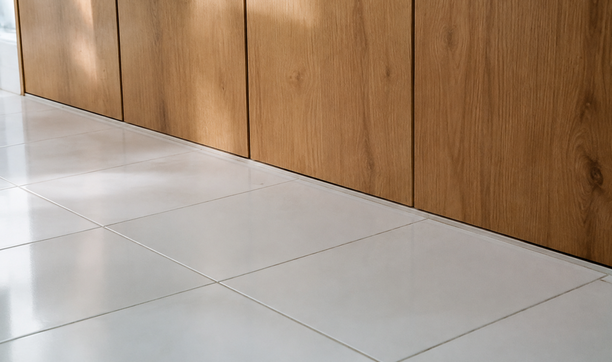 Carreaux blancs au sol devant un plan en bois
