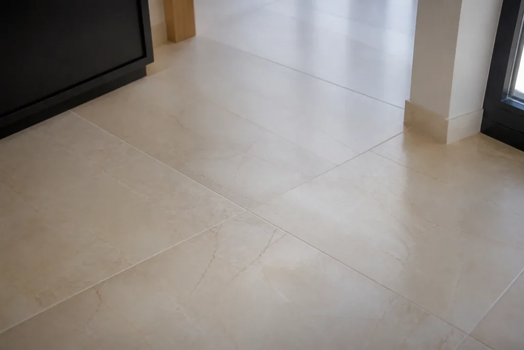 Carrelage beige veiné posé sur sol, joints fins