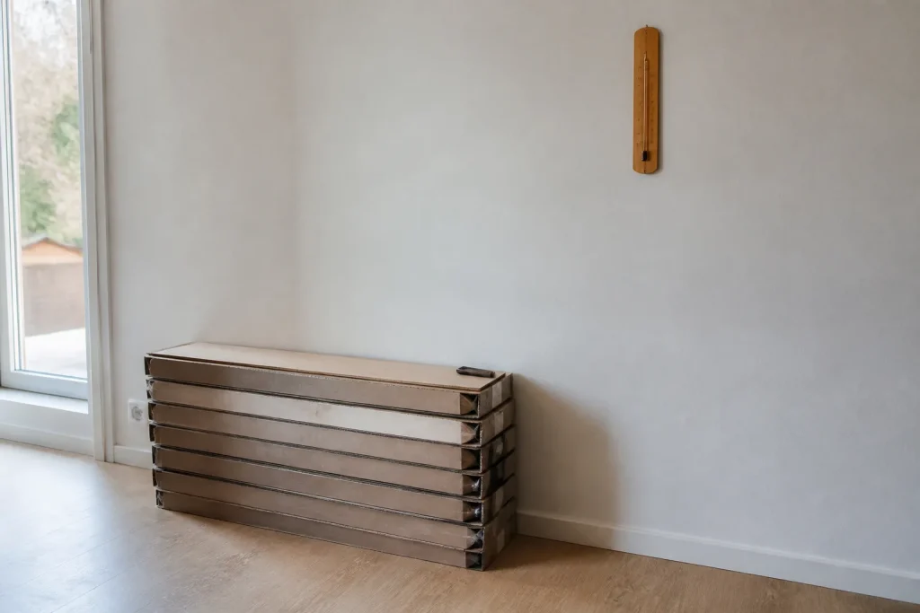 Cartons de parquet empiles sur sol clair, thermometre mural