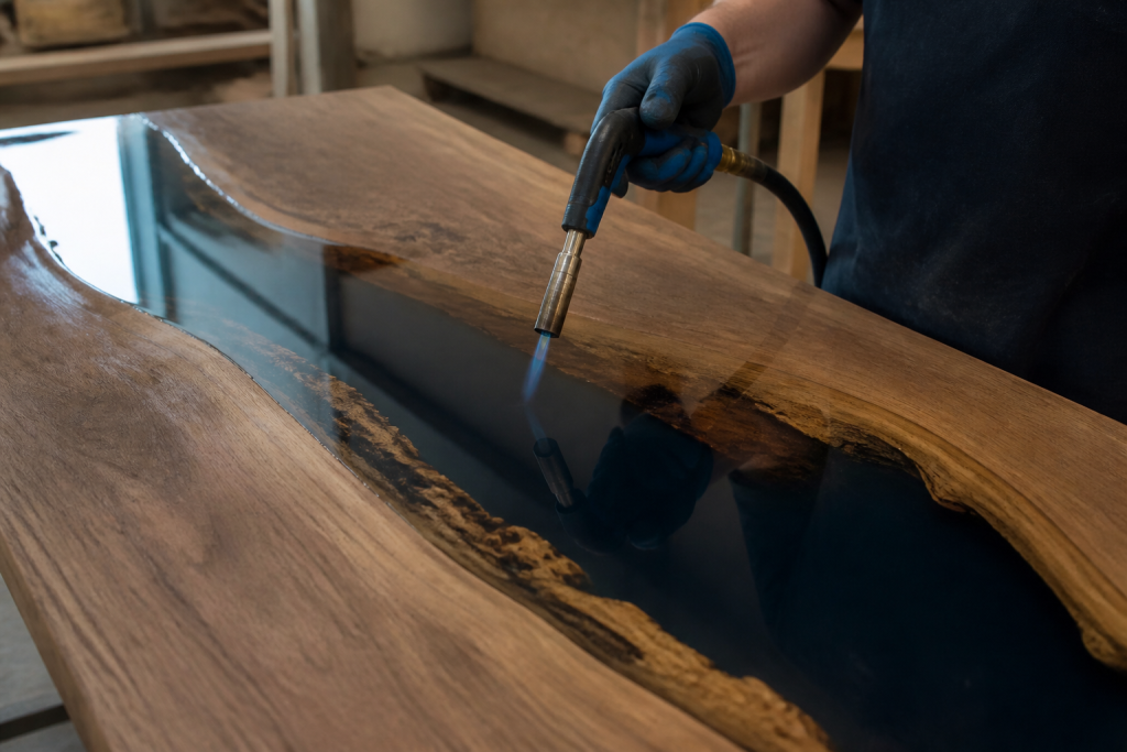 Chalumeau elimine bulles surface resine brillante lisse