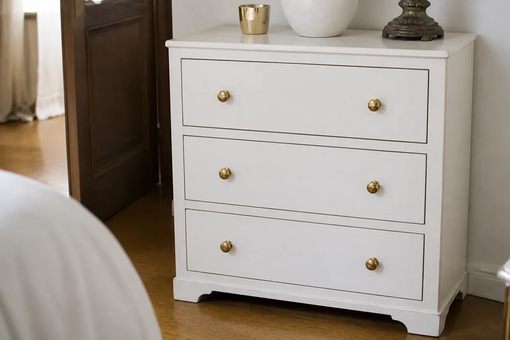 Commode en bois peint en blanc avec poignees dorees