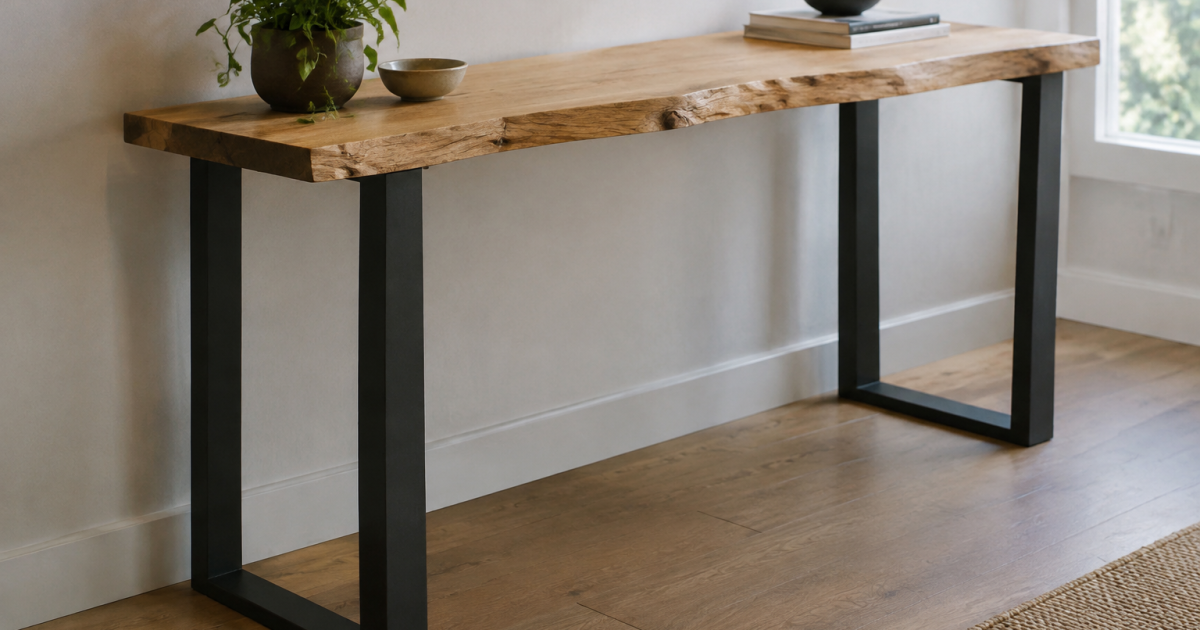 Comptoir en chene brut pose sur deux supports metalliques