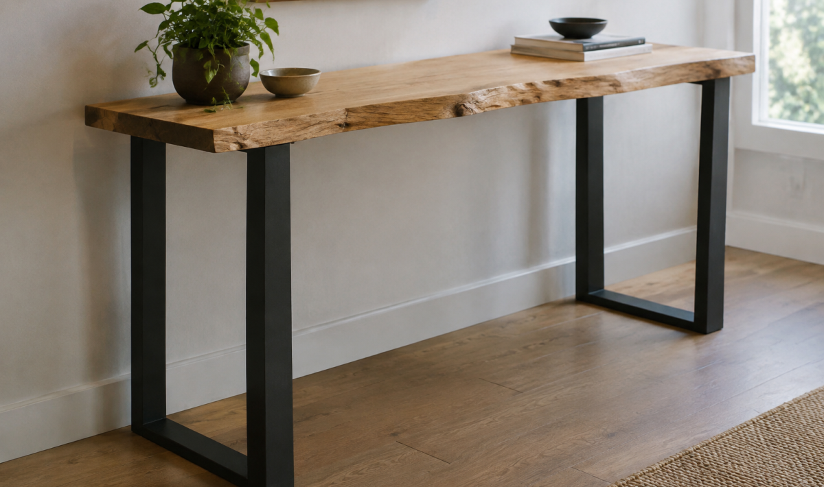 Comptoir en chene brut pose sur deux supports metalliques