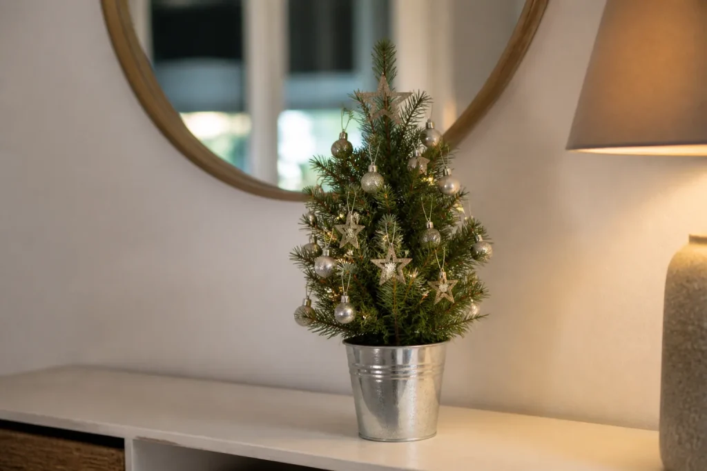 Petit conifere miniature decore posee sur console blanche