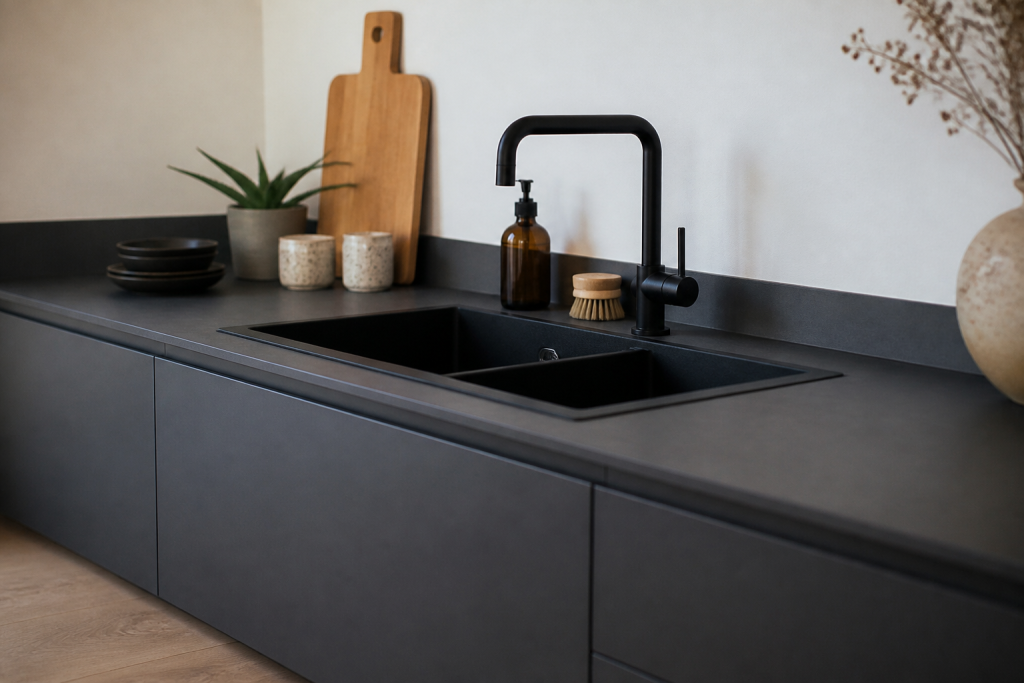 Cuisine moderne avec plan gris mat et robinetterie noire