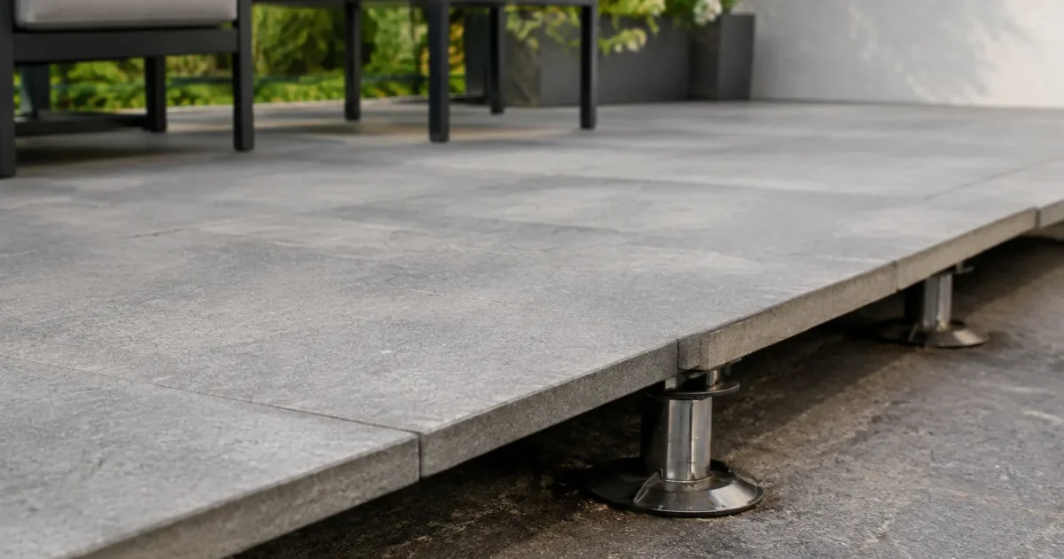 Dalles grises soulevees par petits pieds metalliques en terrasse