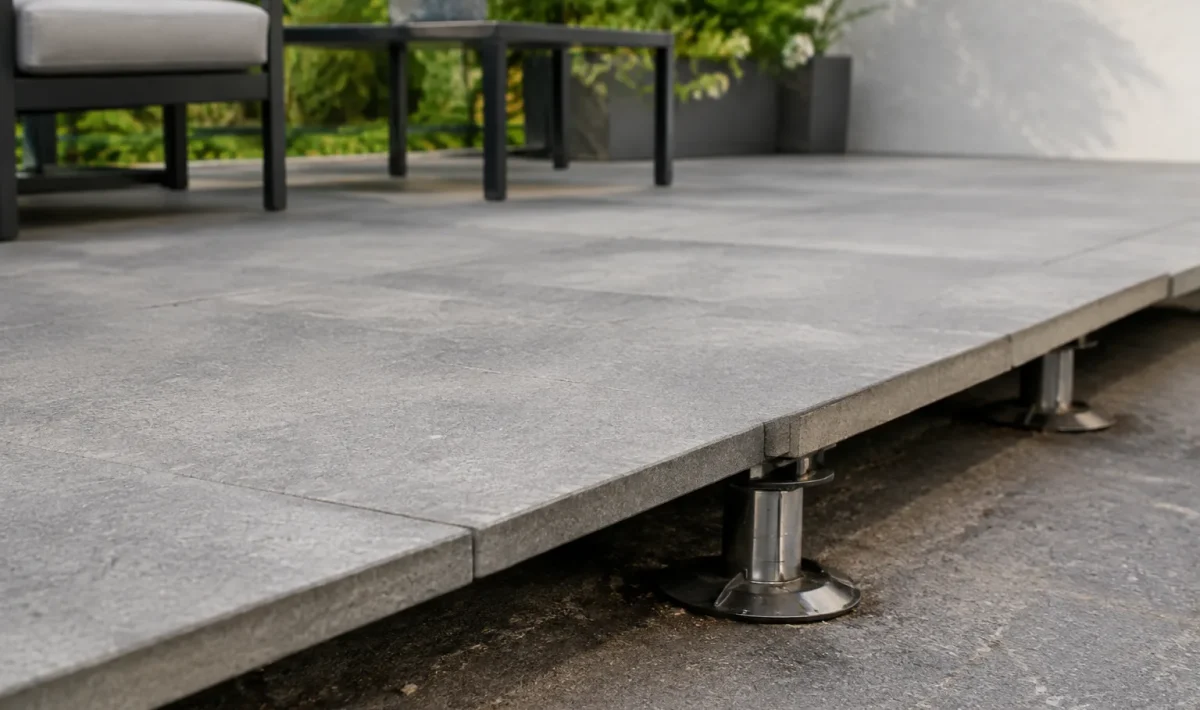 Dalles grises soulevees par petits pieds metalliques en terrasse