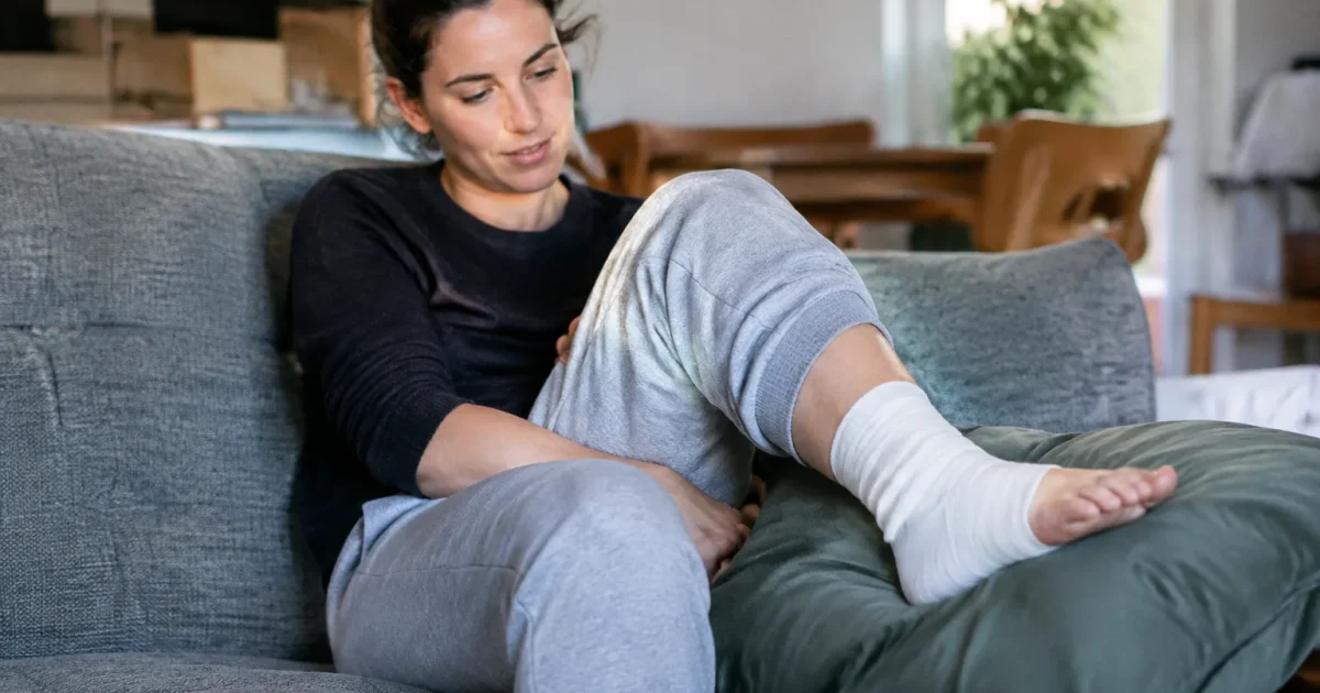 Femme assise, cheville bandée posée sur un coussin
