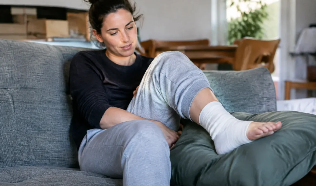 Femme assise, cheville bandée posée sur un coussin
