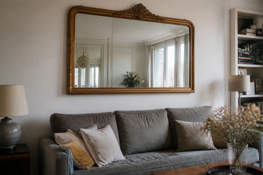 Grand miroir dore suspendu au dessus du canape gris