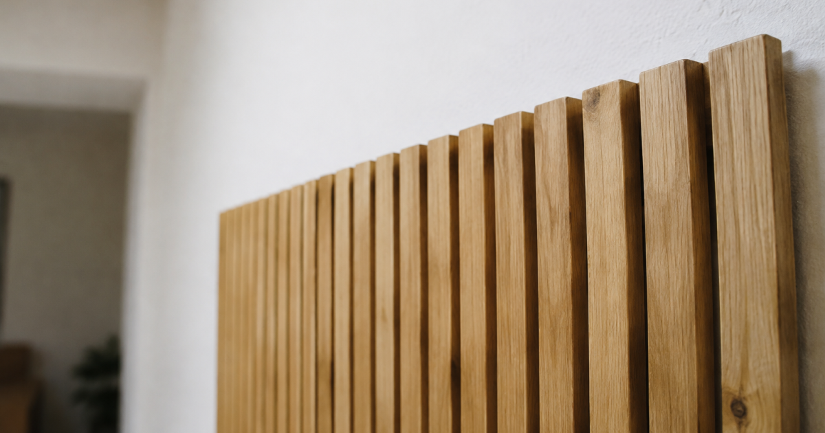 Lames de bois fixees contre un mur blanc