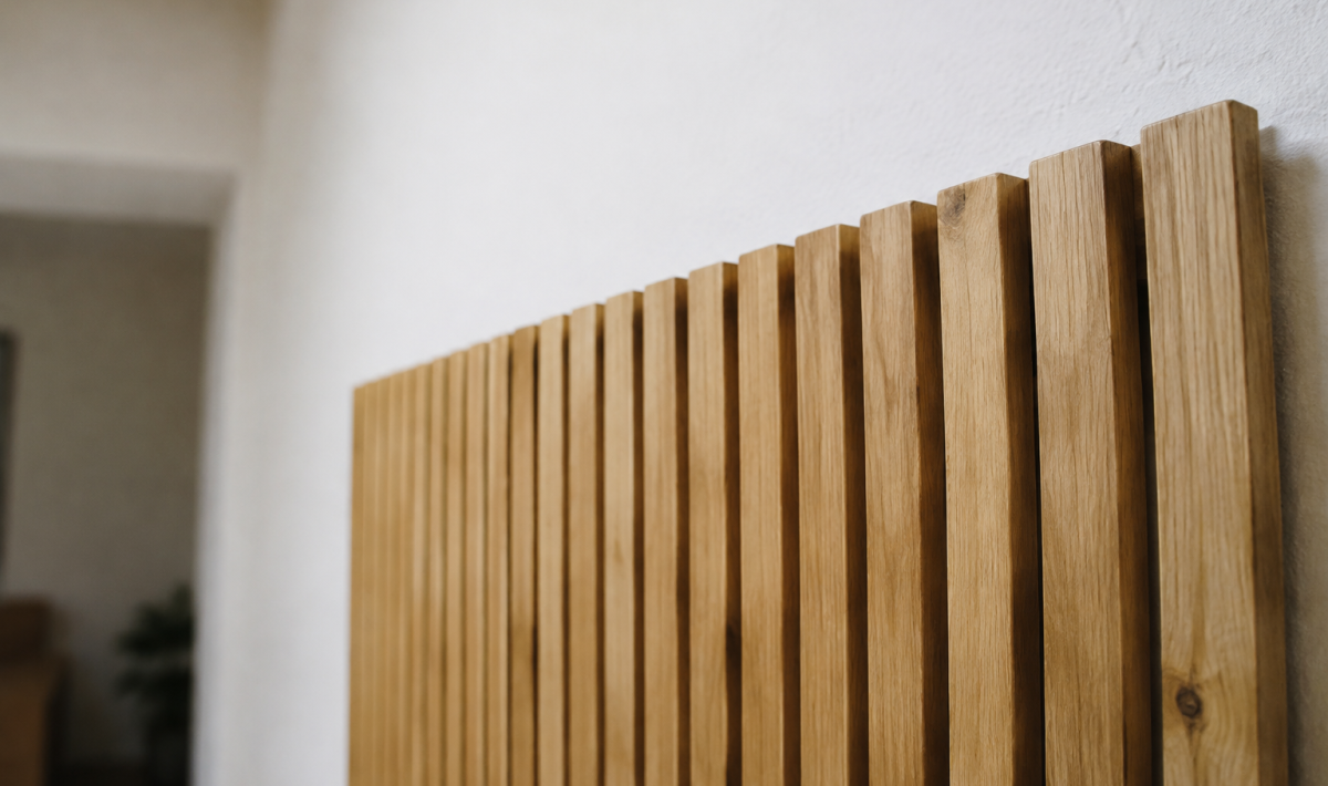Lames de bois fixees contre un mur blanc