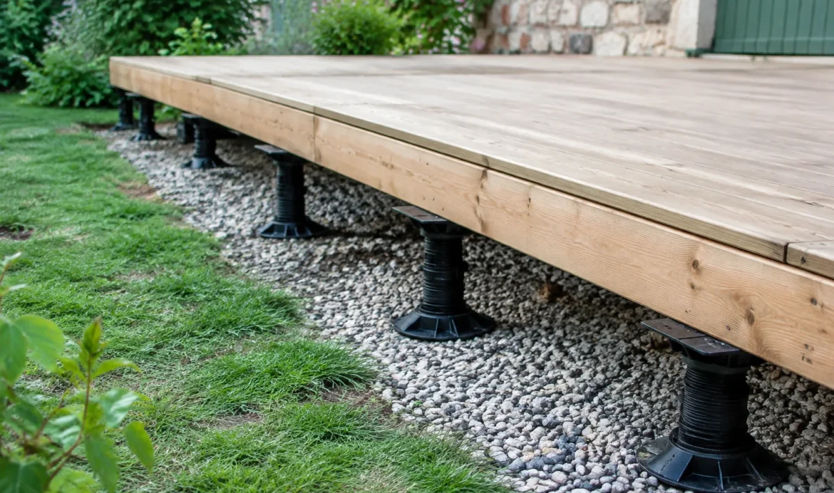 Lames de pin surelevees par pieds reglables au jardin