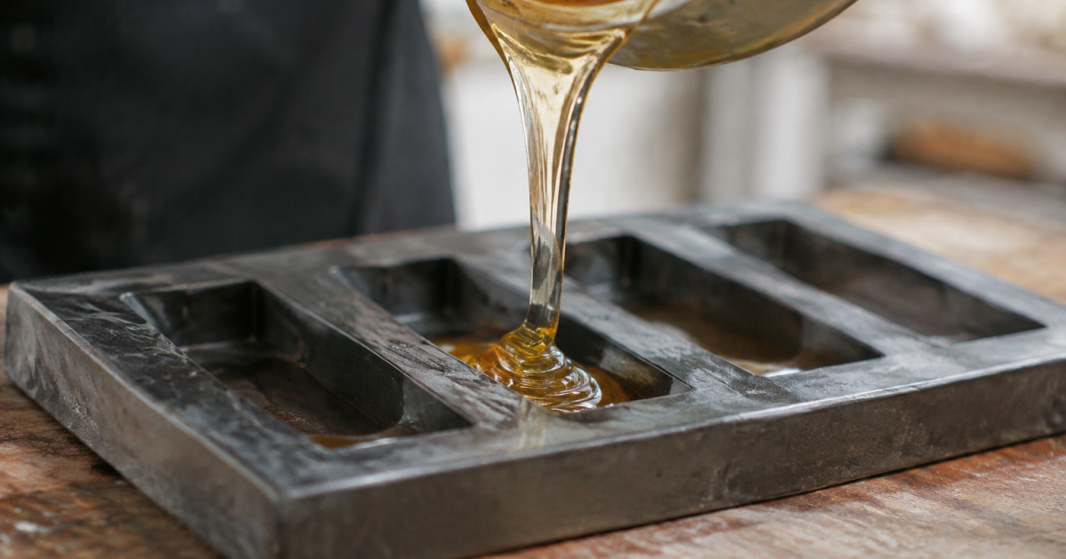 Liquide dore transparent coulant lentement dans moule