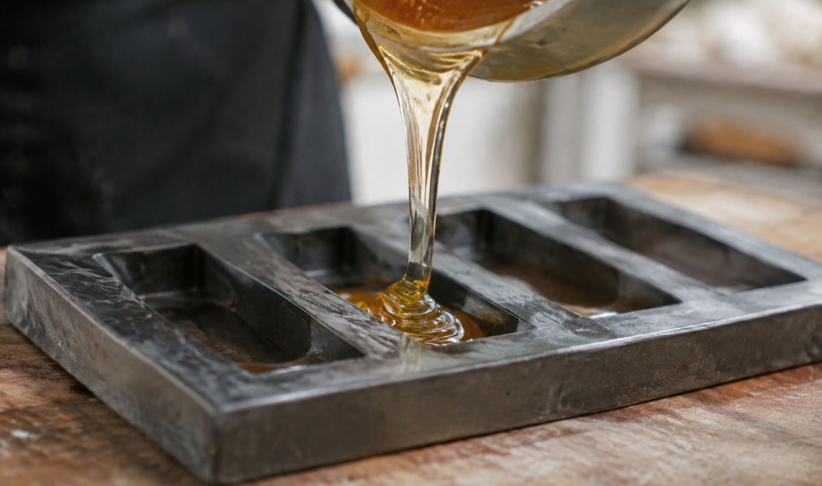 Liquide dore transparent coulant lentement dans moule