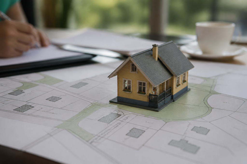 Maquette de maison posee sur un plan cadastral