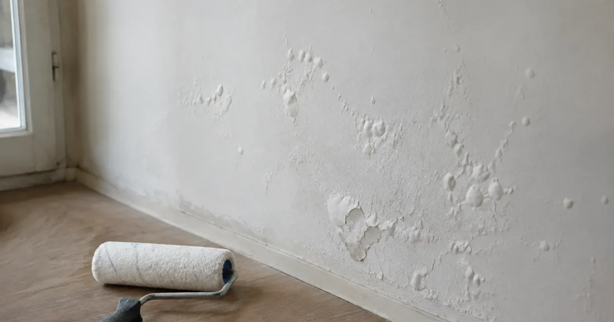 Mur blanc couvert de cloques, rouleau pose au sol