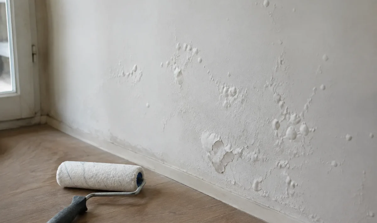 Mur blanc couvert de cloques, rouleau pose au sol