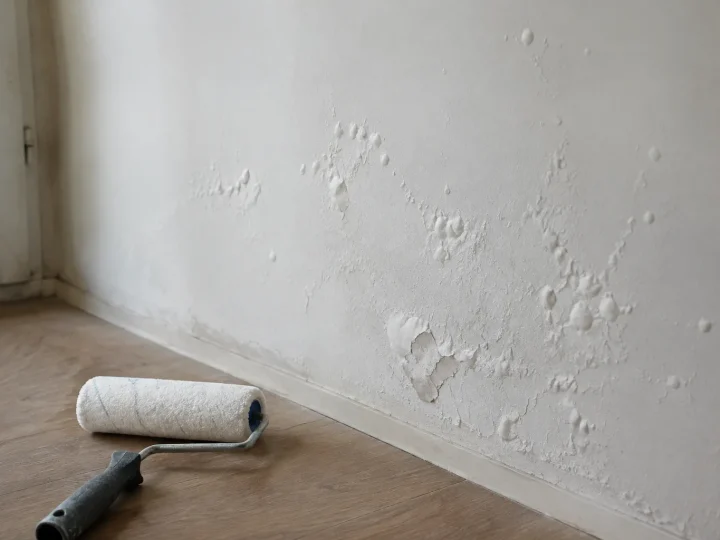 Mur blanc couvert de cloques, rouleau pose au sol