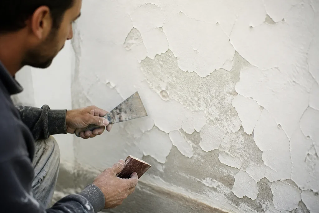 Mur blanc ecaille, spatule et papier de verre