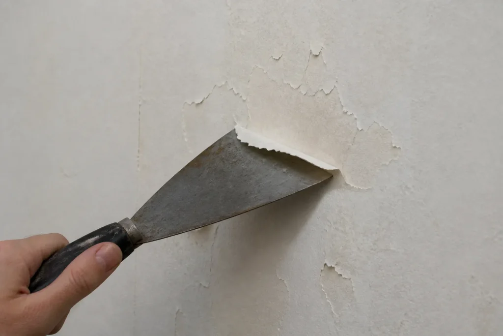 Mur blanc avec ecailles soulevees et spatule acier