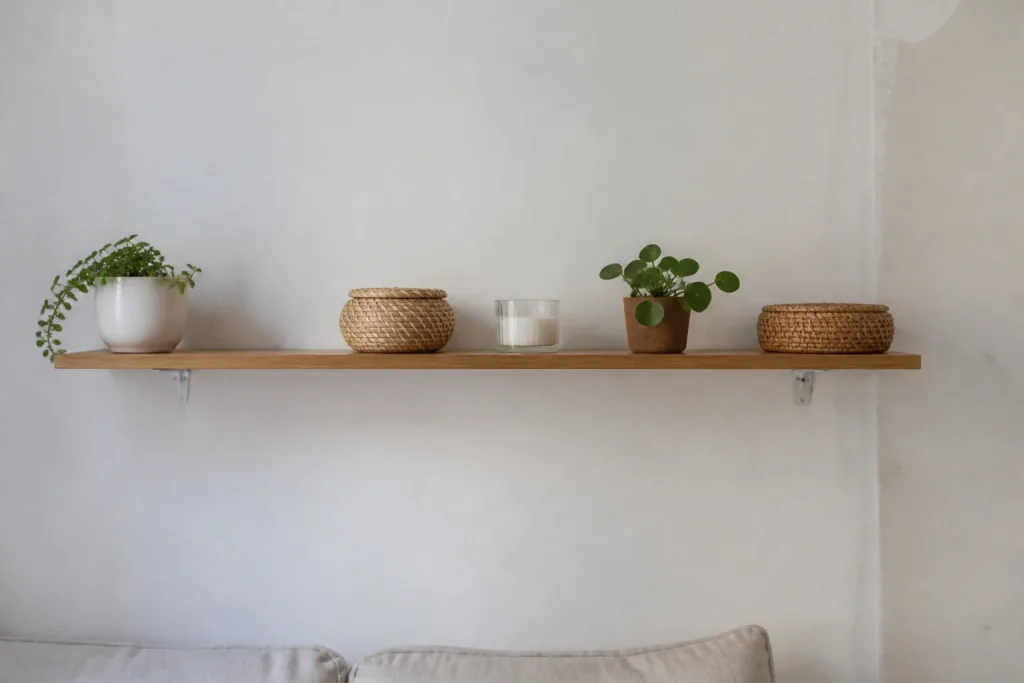 Mur placo blanc avec etagere legere fixee par chevilles