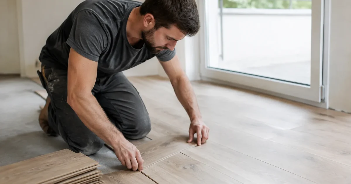 Un ouvrier agenouillé aligne les lames de parquet