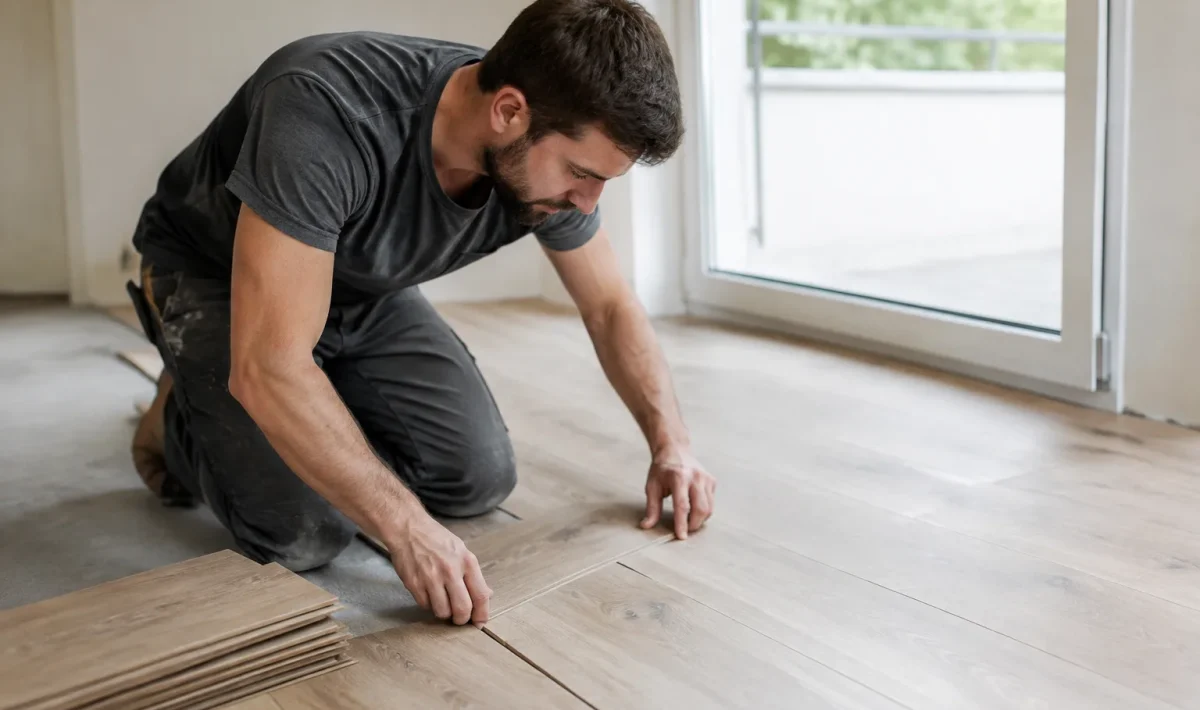 Un ouvrier agenouillé aligne les lames de parquet
