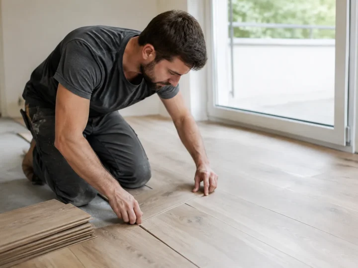 Un ouvrier agenouillé aligne les lames de parquet