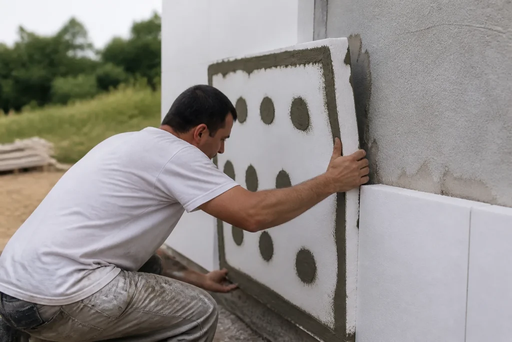 Ouvrier ajustant un panneau blanc avec plots de mortier
