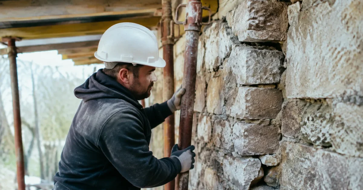 Ouvrier en casque etayant un mur de pierre penche