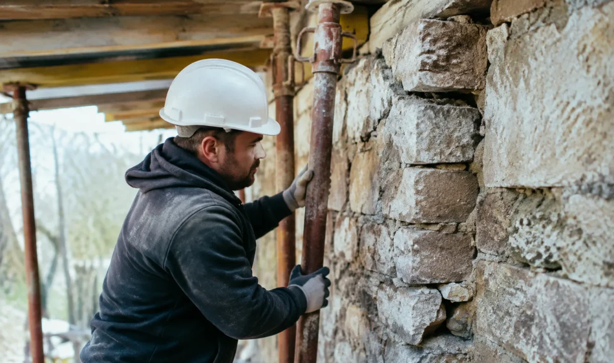 Ouvrier en casque etayant un mur de pierre penche
