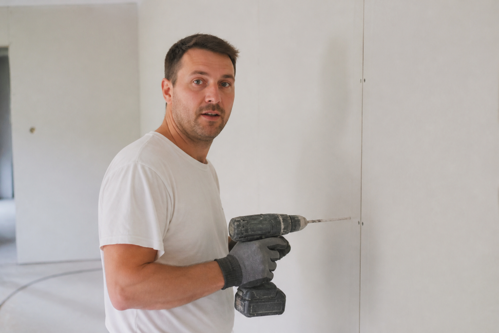 Ouvrier perceuse en main devant cloison blanche neuve