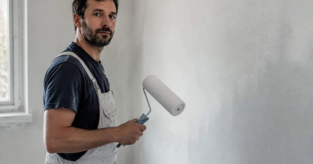 Ouvrier tenant un rouleau devant un mur