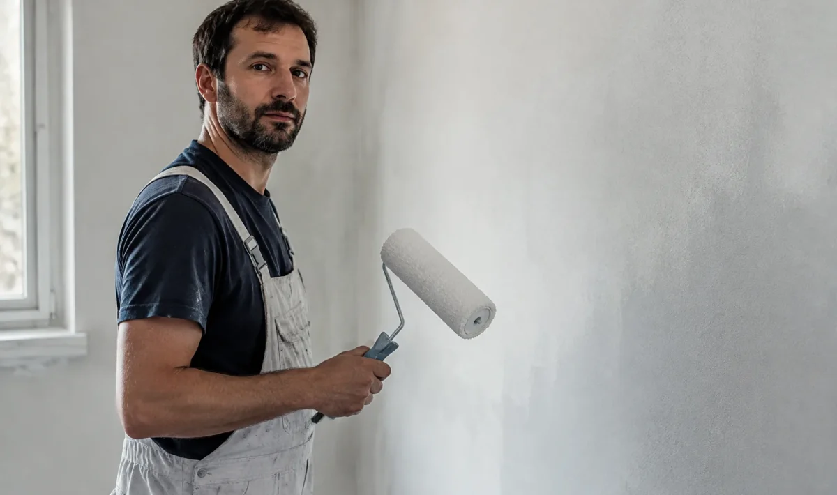 Ouvrier tenant un rouleau devant un mur
