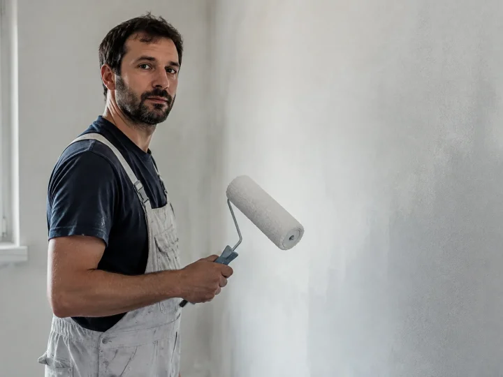 Ouvrier tenant un rouleau devant un mur