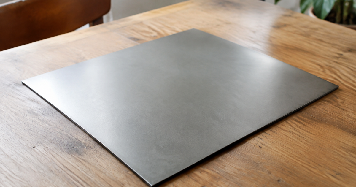 Panneau metallique gris mat couche sur une table