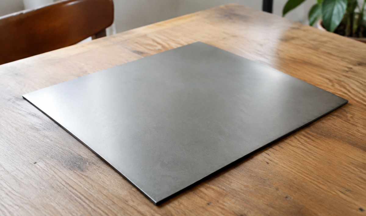 Panneau metallique gris mat couche sur une table