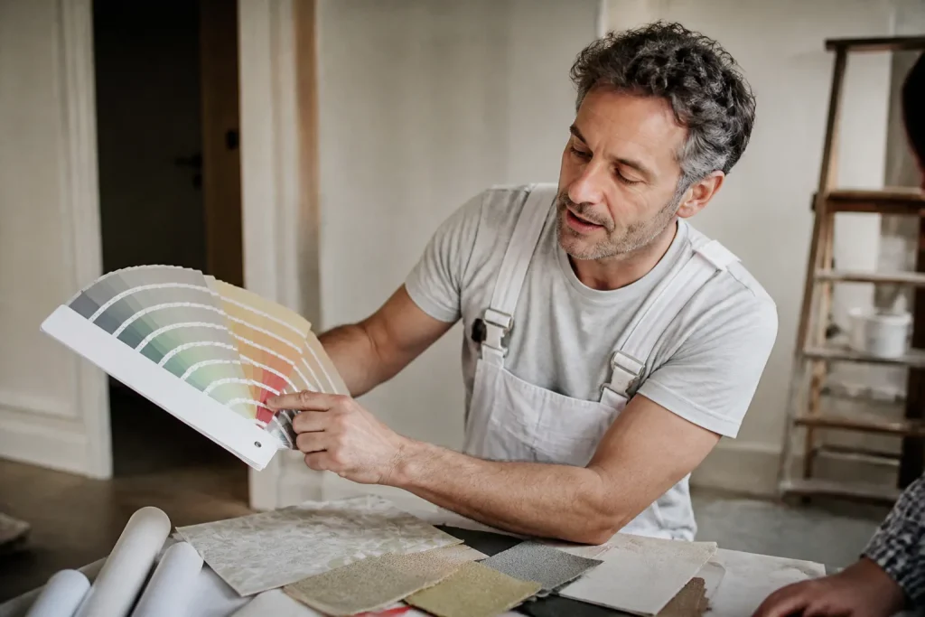 Peintre montrant un nuancier et des feuilles sur table