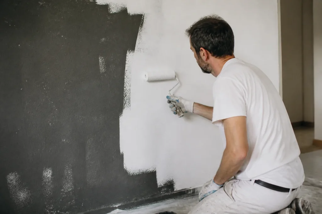 Peintre appliquant une troisieme couche blanche sur mur fonce