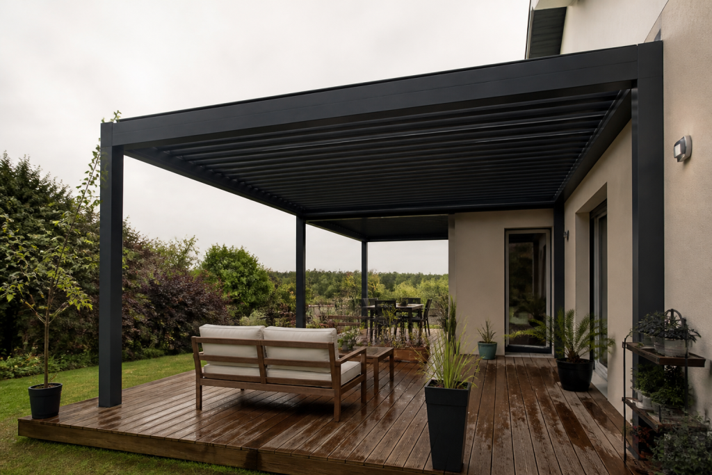 Pergola anthracite en aluminium sur terrasse de bois
