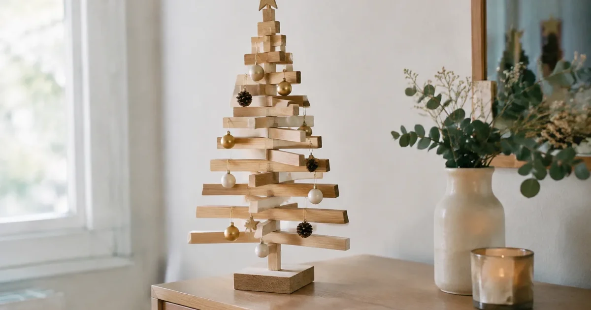 Petit arbre festif en lattes claires debout sur commode