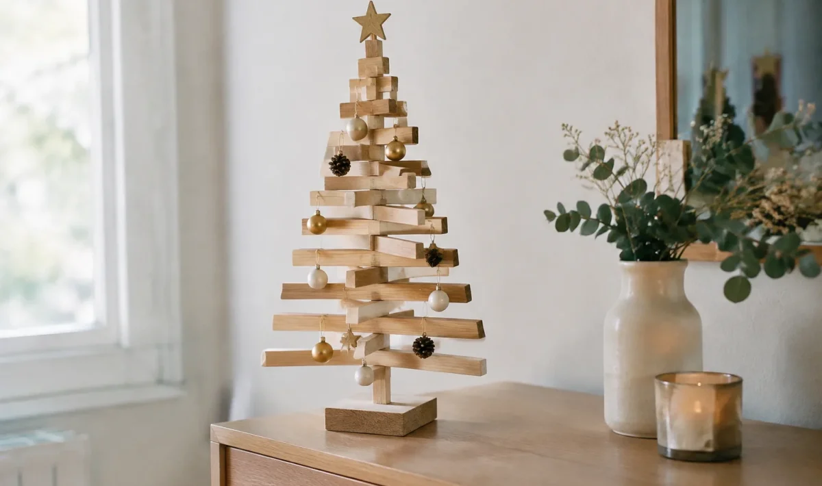 Petit arbre festif en lattes claires debout sur commode